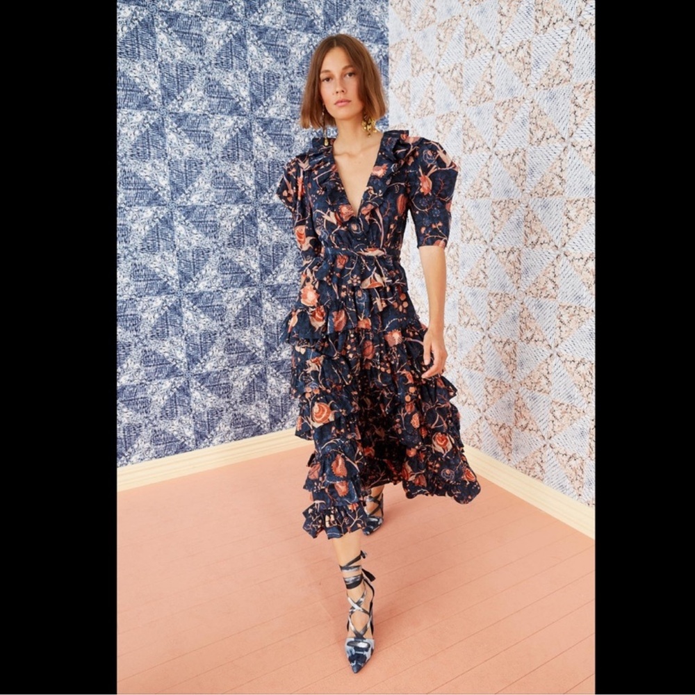 Ulla Johnson Aurora Floral Print Ruffle Midi Dress in Moonlight